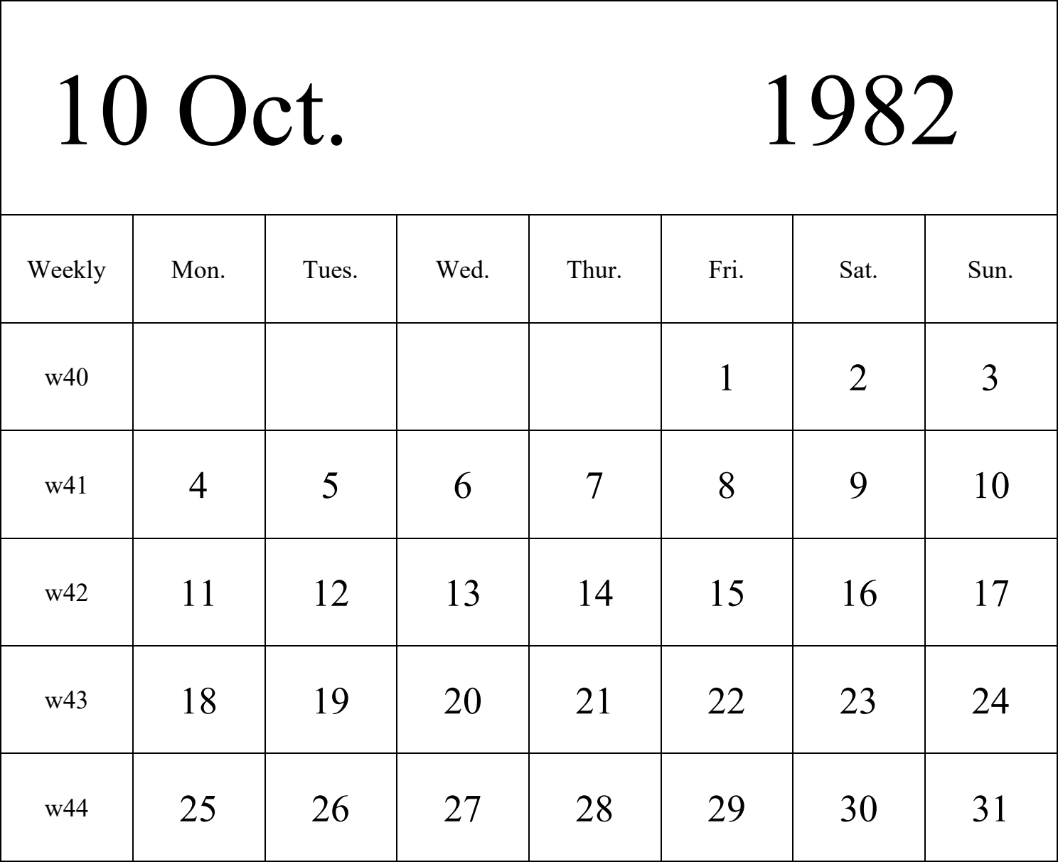 日历表1982年日历 英文版 纵向排版 周一开始 带周数 带节假日调休安排